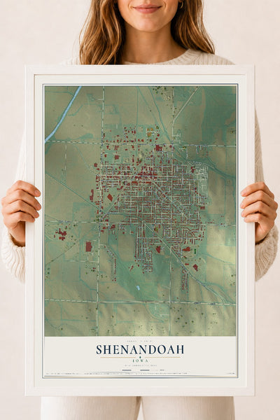 Map of Shenandoah, Iowa, 18 x 24 inch print in a white wood frame