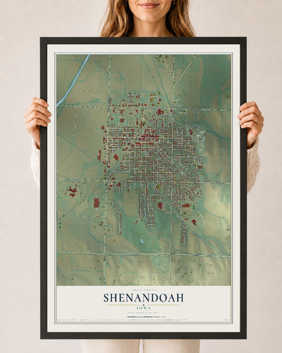 Map of Shenandoah, Iowa, 24 x 36 inch print in a black wood frame
