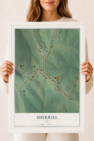 Map of Sherrill, Iowa, 18 x 24 inch print in a white wood frame