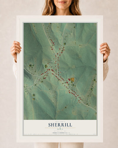 Map of Sherrill, Iowa, 24 x 36 inch print in a white wood frame
