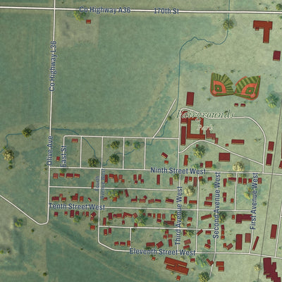 Second close-up of the map of Sibley, Iowa print showing more streets and buildings