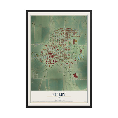 Map of Sibley, Iowa, 12 x 18 inch print in a black wood frame