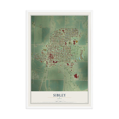 Map of Sibley, Iowa, 12 x 18 inch print in a white wood frame