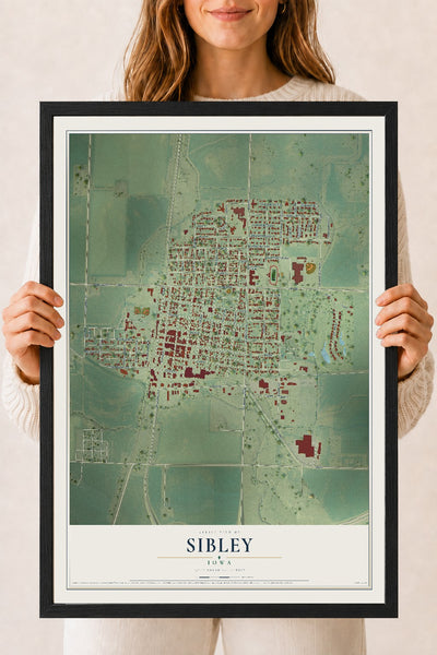 Map of Sibley, Iowa, 18 x 24 inch print in a black wood frame