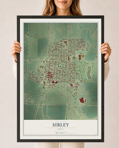 Map of Sibley, Iowa, 24 x 36 inch print in a black wood frame