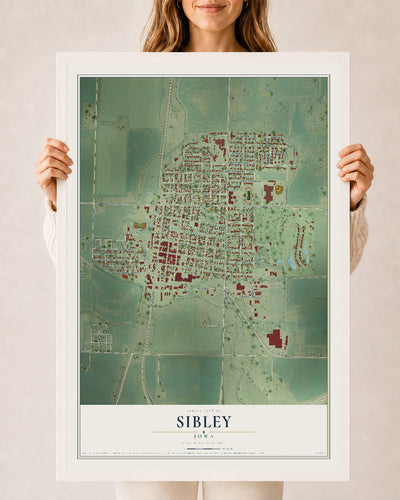 Map of Sibley, Iowa, 24 x 36 inch print in a white wood frame