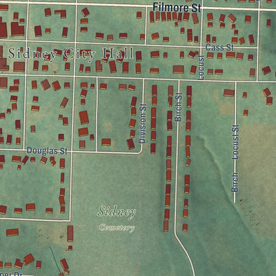 Second close-up of the map of Sidney, Iowa print showing more streets and buildings