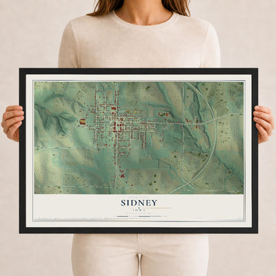 Map of Sidney, Iowa, 12 x 18 inch print in a black wood frame
