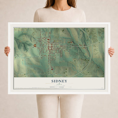Map of Sidney, Iowa, 24 x 36 inch print in a white wood frame