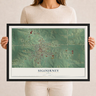 Map of Sigourney, Iowa, 12 x 18 inch print in a black wood frame
