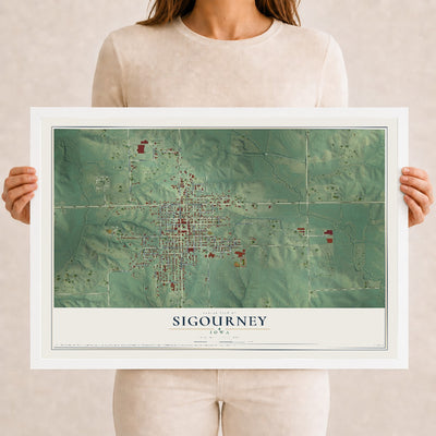 Map of Sigourney, Iowa, 12 x 18 inch print in a white wood frame