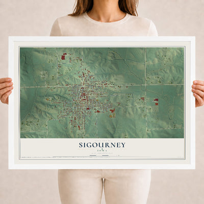 Map of Sigourney, Iowa, 18 x 24 inch print in a white wood frame
