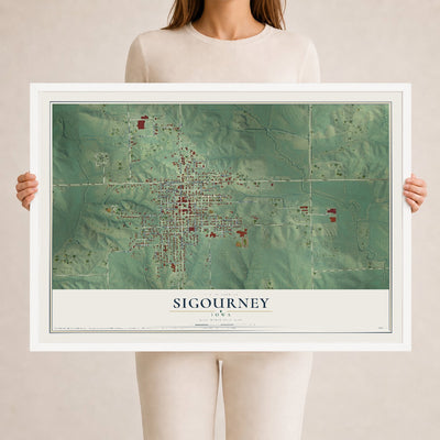 Map of Sigourney, Iowa, 24 x 36 inch print in a white wood frame