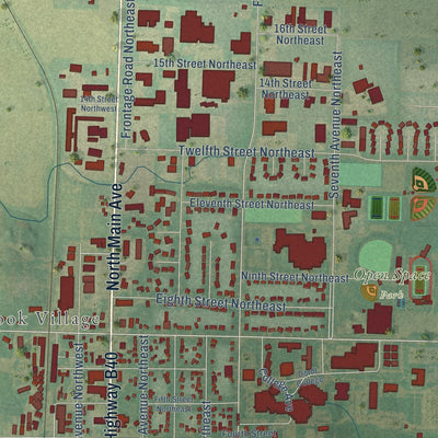 Close-up of the map of Sioux Center, Iowa print showing street and building detail