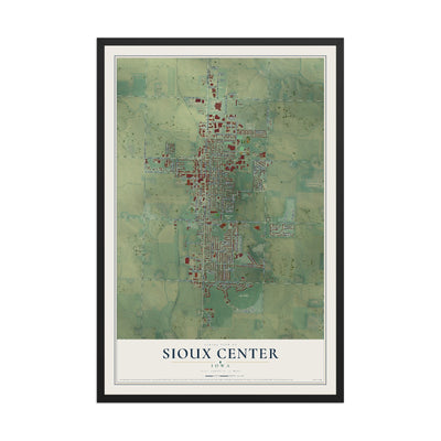 Map of Sioux Center, Iowa, 12 x 18 inch print in a black wood frame