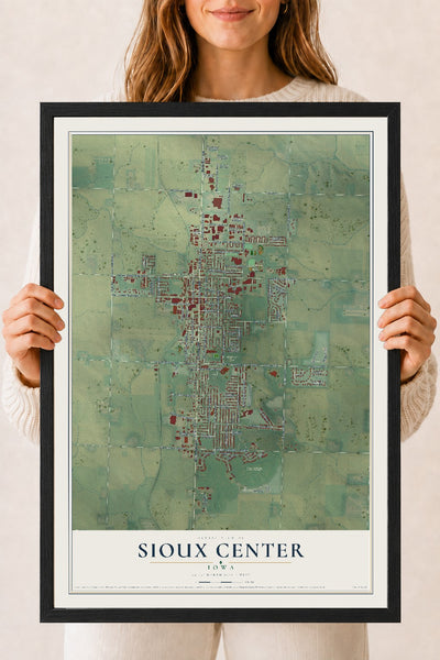 Map of Sioux Center, Iowa, 18 x 24 inch print in a black wood frame