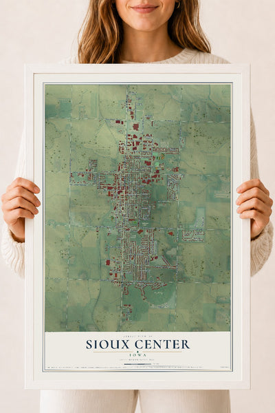 Map of Sioux Center, Iowa, 18 x 24 inch print in a white wood frame