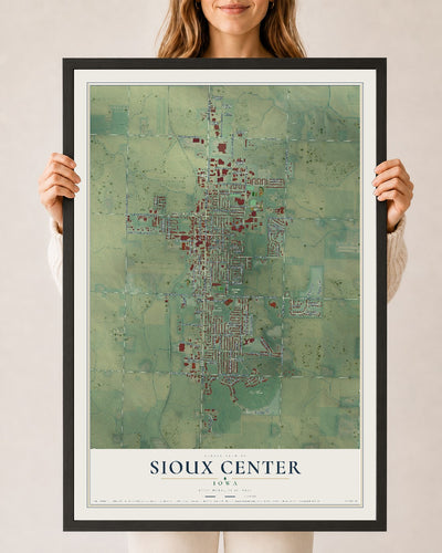 Map of Sioux Center, Iowa, 24 x 36 inch print in a black wood frame