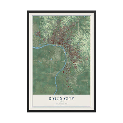 Map of Sioux City, Iowa, 12 x 18 inch print in a black wood frame
