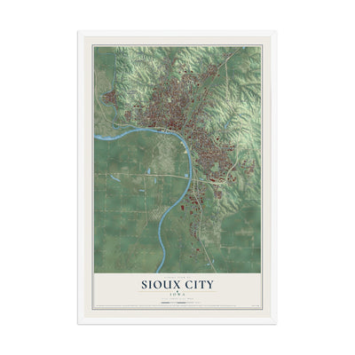 Map of Sioux City, Iowa, 12 x 18 inch print in a white wood frame