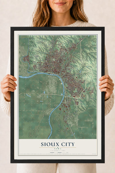 Map of Sioux City, Iowa, 18 x 24 inch print in a black wood frame
