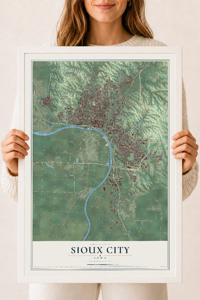 Map of Sioux City, Iowa, 18 x 24 inch print in a white wood frame