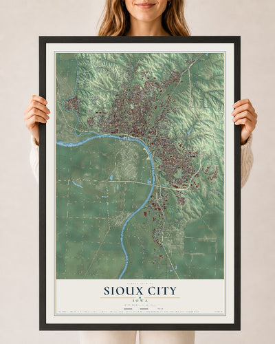 Map of Sioux City, Iowa, 24 x 36 inch print in a black wood frame