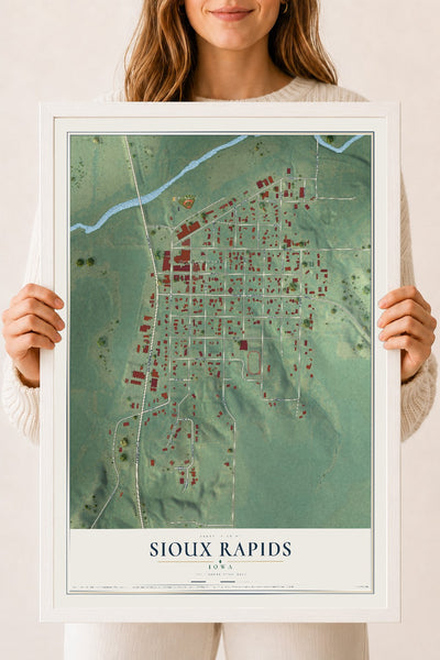 Map of Sioux Rapids, Iowa, 18 x 24 inch print in a white wood frame