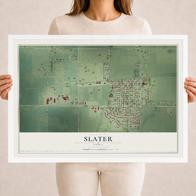 Map of Slater, Iowa, 18 x 24 inch print in a white wood frame