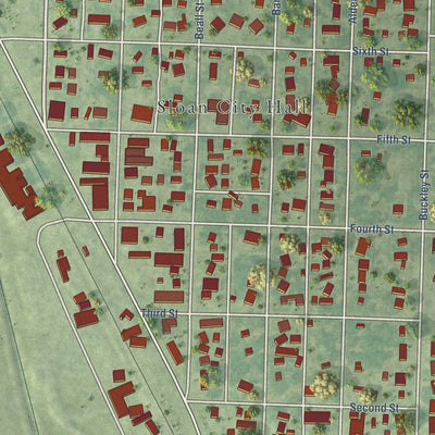 Close-up of the map of Sloan, Iowa print showing street and building detail