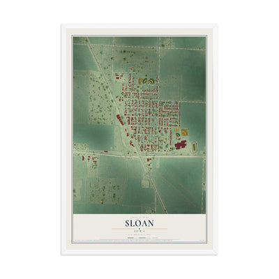 Map of Sloan, Iowa, 12 x 18 inch print in a white wood frame