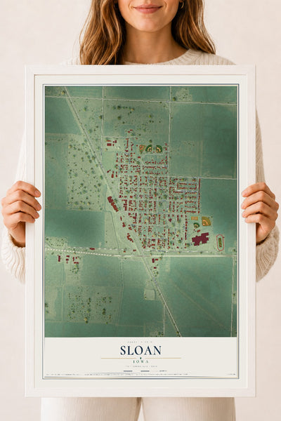 Map of Sloan, Iowa, 18 x 24 inch print in a white wood frame