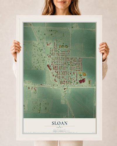 Map of Sloan, Iowa, 24 x 36 inch print in a white wood frame