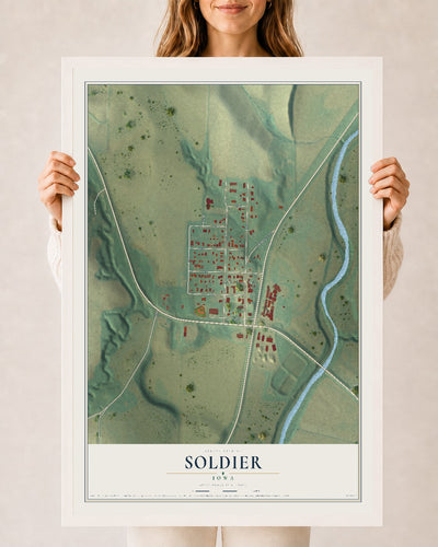 Map of Soldier, Iowa, 24 x 36 inch print in a white wood frame