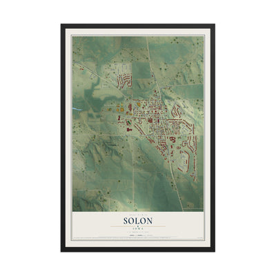 Map of Solon, Iowa, 12 x 18 inch print in a black wood frame