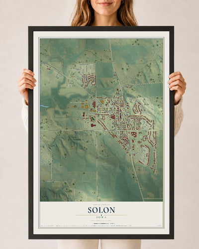 Map of Solon, Iowa, 24 x 36 inch print in a black wood frame