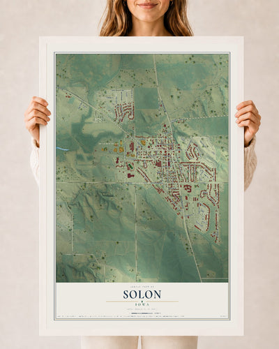 Map of Solon, Iowa, 24 x 36 inch print in a white wood frame