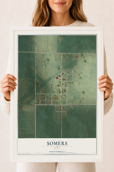 Map of Somers, Iowa, 18 x 24 inch print in a white wood frame