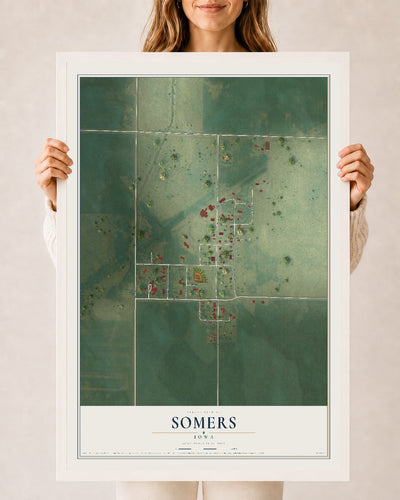 Map of Somers, Iowa, 24 x 36 inch print in a white wood frame