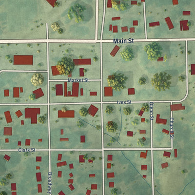 Close-up of the map of South English, Iowa print showing street and building detail