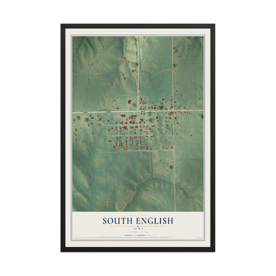Map of South English, Iowa, 12 x 18 inch print in a black wood frame