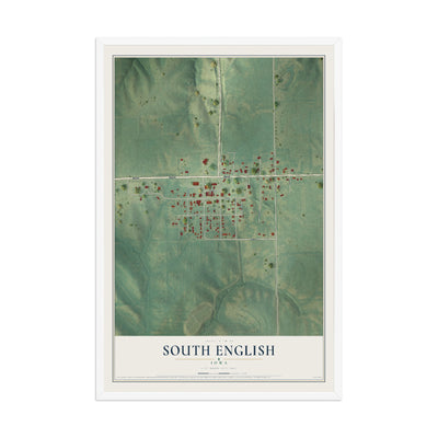 Map of South English, Iowa, 12 x 18 inch print in a white wood frame