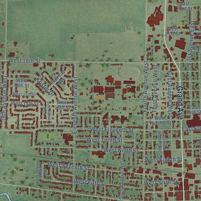 Close-up of the map of Spencer, Iowa print showing street and building detail