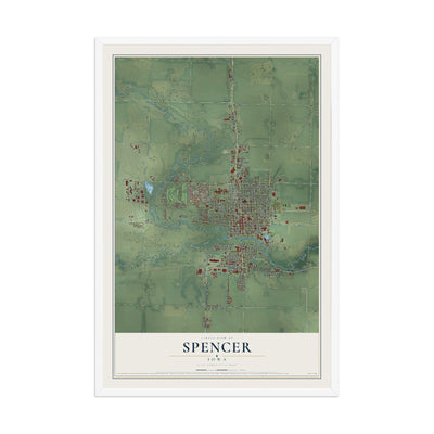 Map of Spencer, Iowa, 12 x 18 inch print in a white wood frame