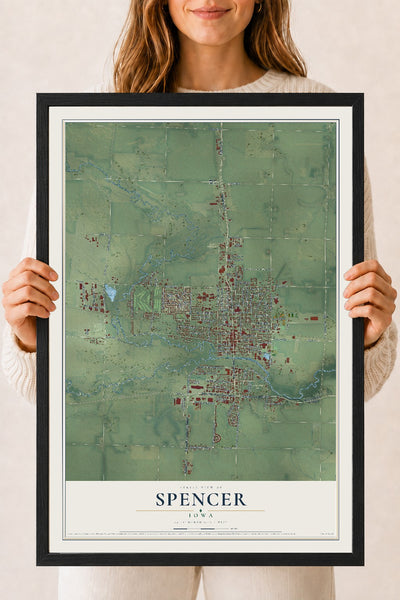 Map of Spencer, Iowa, 18 x 24 inch print in a black wood frame