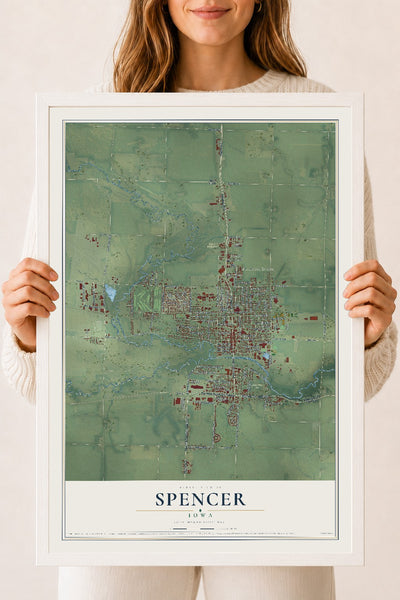 Map of Spencer, Iowa, 18 x 24 inch print in a white wood frame