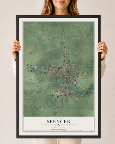 Map of Spencer, Iowa, 24 x 36 inch print in a black wood frame