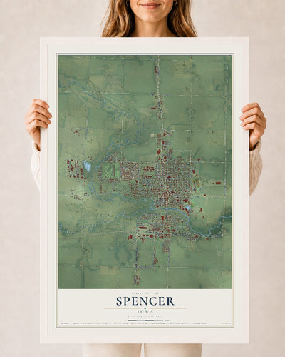 Map of Spencer, Iowa, 24 x 36 inch print in a white wood frame