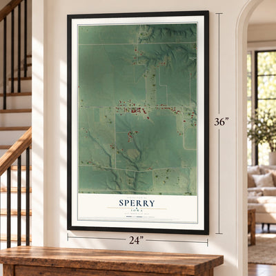 Sperry, Iowa map, 24 x 36 inch print in a black frame by a staircase