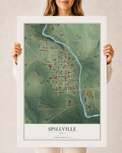 Map of Spillville, Iowa, 24 x 36 inch print in a white wood frame